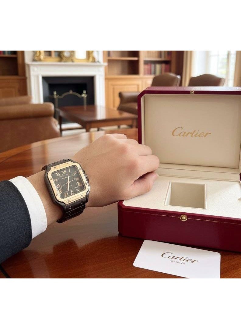 كارتييه ساعة كارتييه سانتوس أوتوماتيك رجالي – إطار ذهبي، ميناء أسود، سوار جلد بني - Image 4